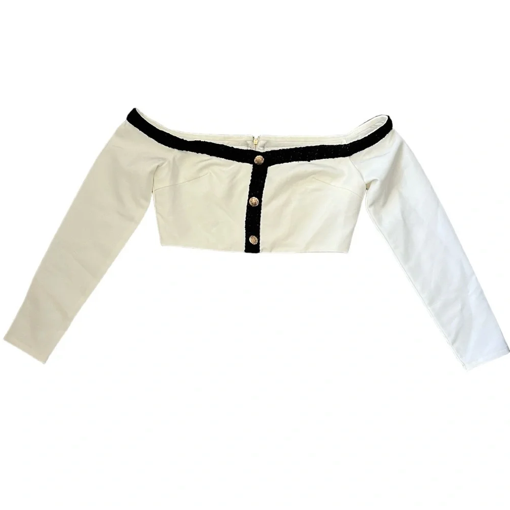 AMBER X MESHKI Claudia Tweed Trim Bardot Off Shoulder Top White NWT Size Medium